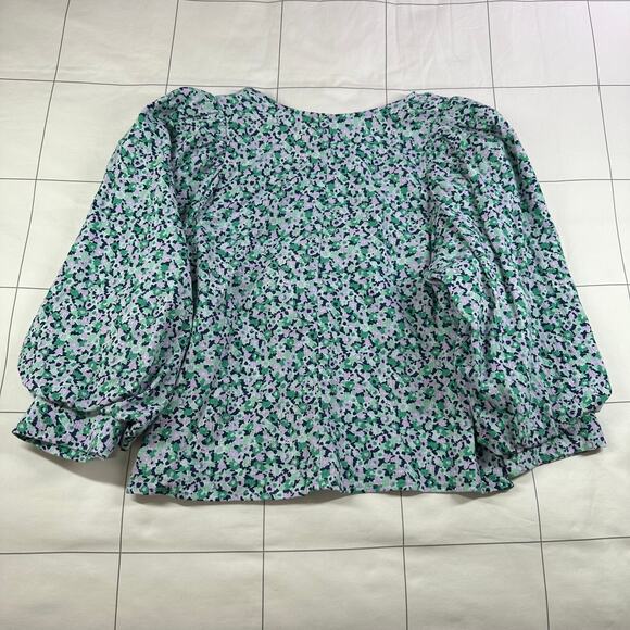 A New Day Top Womens Medium Green Purple Floral Statement Sleeve V Neck Pullover - Picture 2 of 7